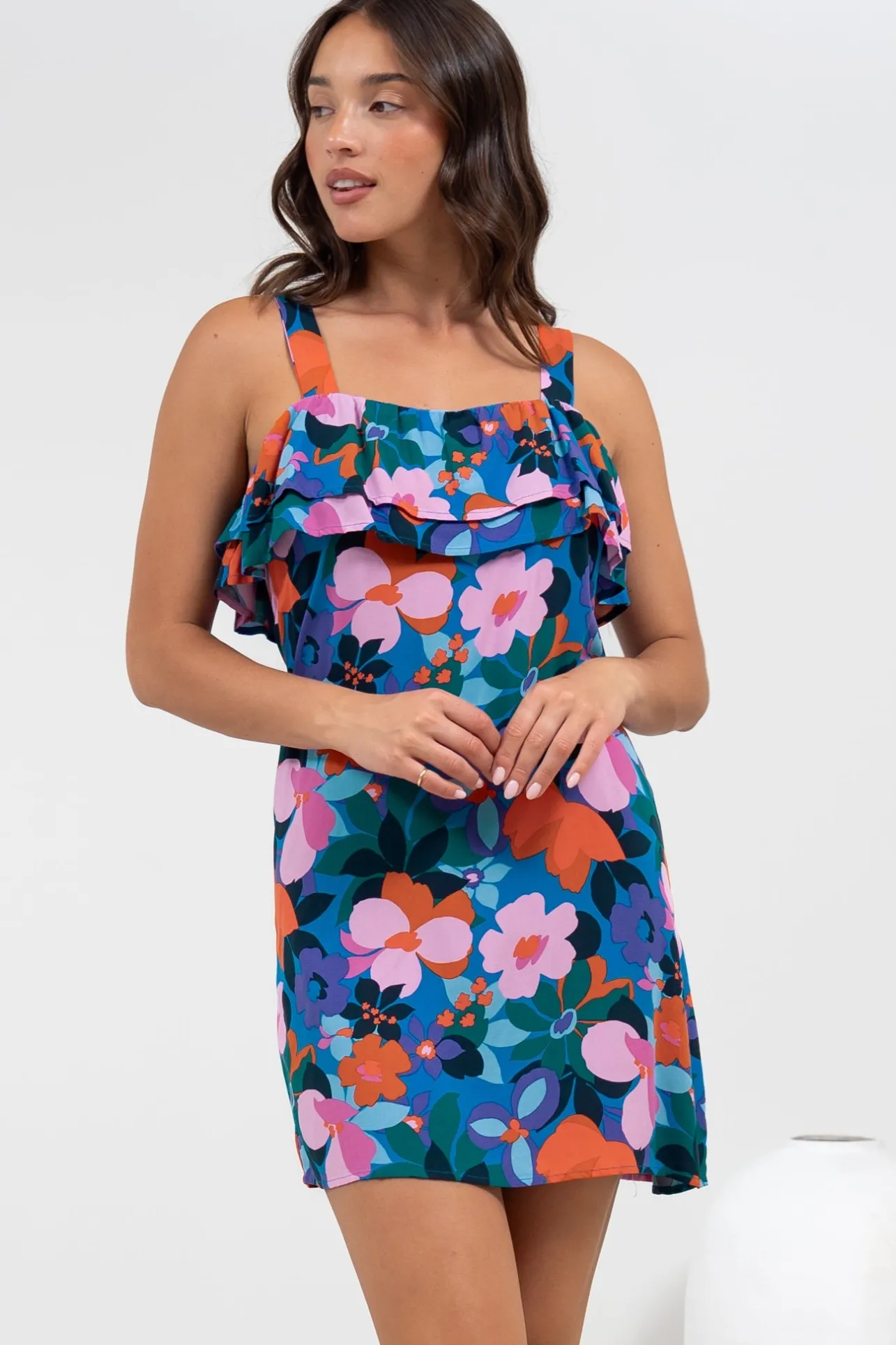 Brinley Mini Dress - Adjustable Strap Dress with Frill Layer Overlay on Bodice in Florabelle Print>Salty Crush Best