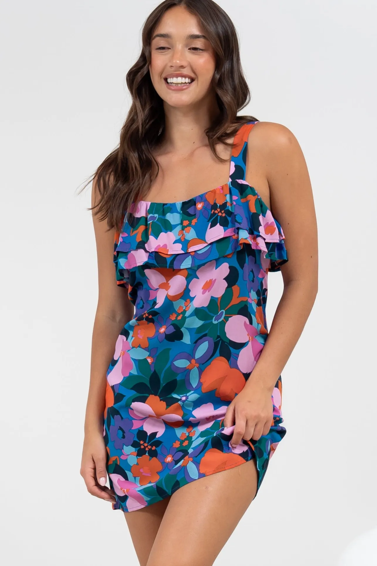 Brinley Mini Dress - Adjustable Strap Dress with Frill Layer Overlay on Bodice in Florabelle Print>Salty Crush Best