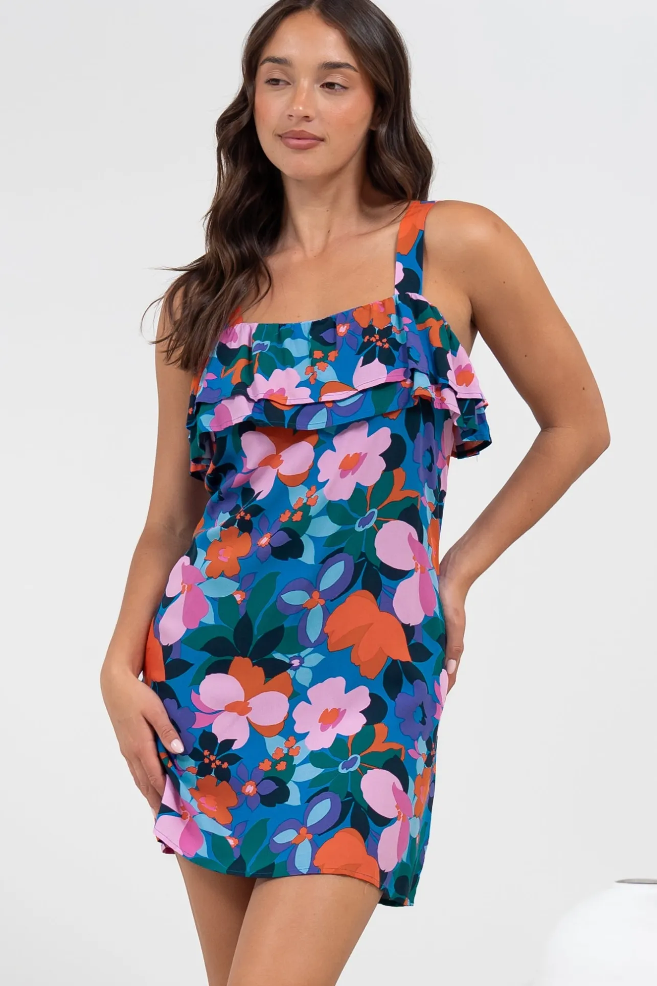 Brinley Mini Dress - Adjustable Strap Dress with Frill Layer Overlay on Bodice in Florabelle Print>Salty Crush Best