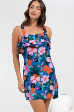 Brinley Mini Dress - Adjustable Strap Dress with Frill Layer Overlay on Bodice in Florabelle Print><noscript><img width=