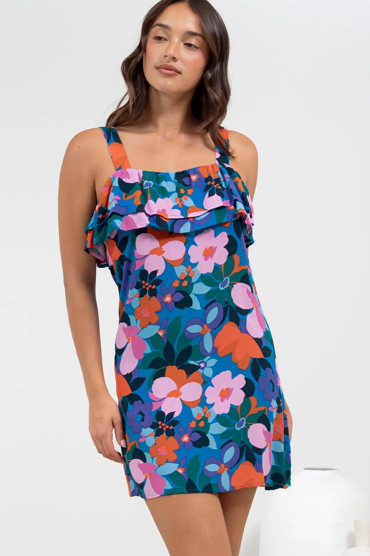 Brinley Mini Dress - Adjustable Strap Dress with Frill Layer Overlay on Bodice in Florabelle Print>Salty Crush Best