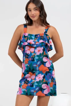 Brinley Mini Dress - Adjustable Strap Dress with Frill Layer Overlay on Bodice in Florabelle Print><noscript><img width=