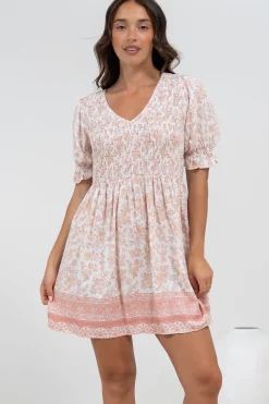Brissa Mini Dress - V-Neck Shirred Bodice Balloon Sleeve Dress in Narelle Print>Salty Crush Sale