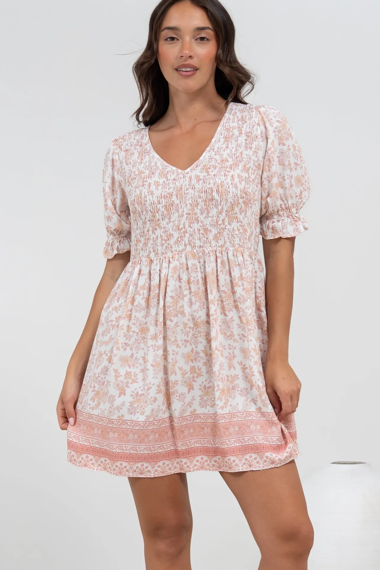 Brissa Mini Dress - V-Neck Shirred Bodice Balloon Sleeve Dress in Narelle Print>Salty Crush Sale