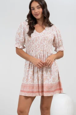 Brissa Mini Dress - V-Neck Shirred Bodice Balloon Sleeve Dress in Narelle Print>Salty Crush Sale