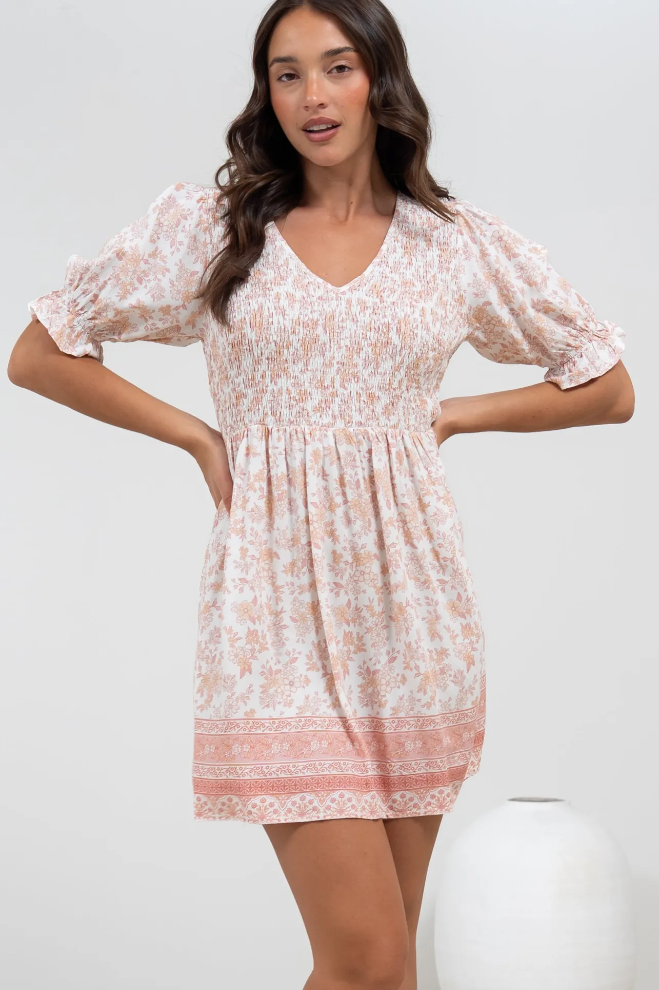 Brissa Mini Dress - V-Neck Shirred Bodice Balloon Sleeve Dress in Narelle Print>Salty Crush Sale