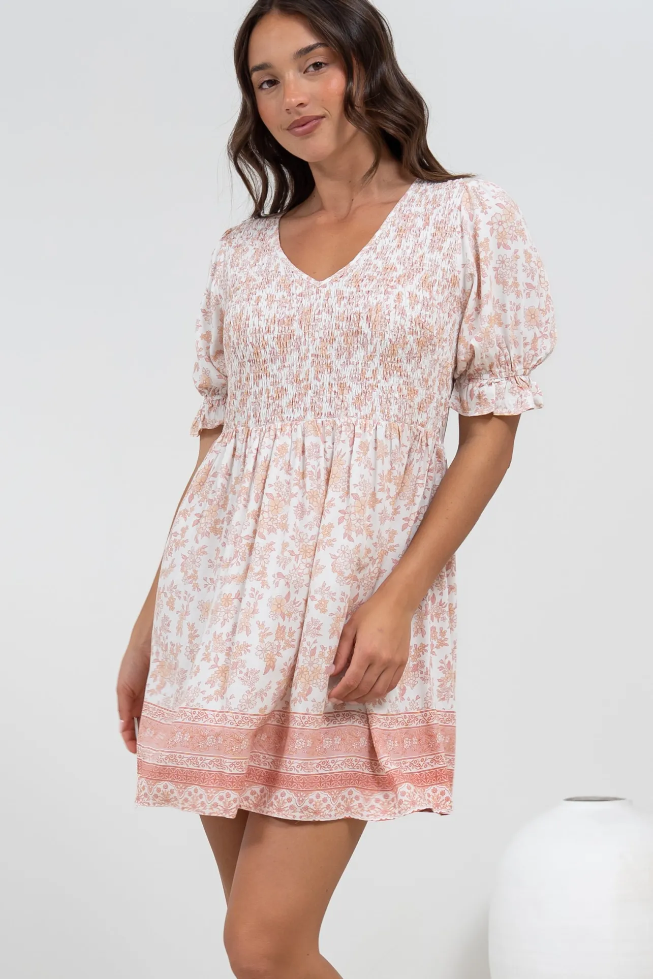 Brissa Mini Dress - V-Neck Shirred Bodice Balloon Sleeve Dress in Narelle Print>Salty Crush Sale