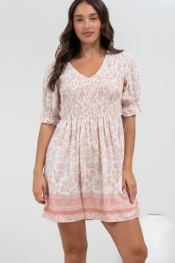 Brissa Mini Dress - V-Neck Shirred Bodice Balloon Sleeve Dress in Narelle Print><noscript><img width=