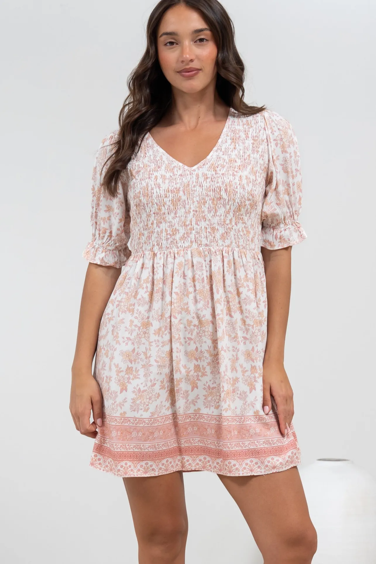 Brissa Mini Dress - V-Neck Shirred Bodice Balloon Sleeve Dress in Narelle Print>Salty Crush Sale