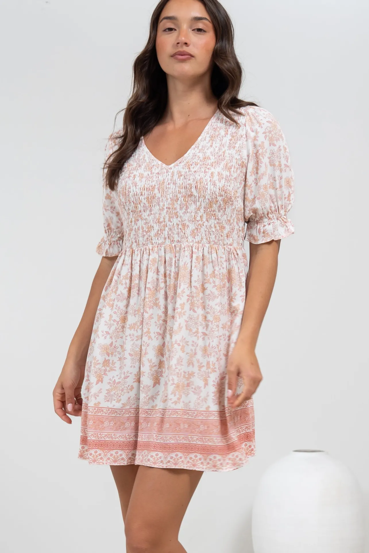 Brissa Mini Dress - V-Neck Shirred Bodice Balloon Sleeve Dress in Narelle Print>Salty Crush Sale