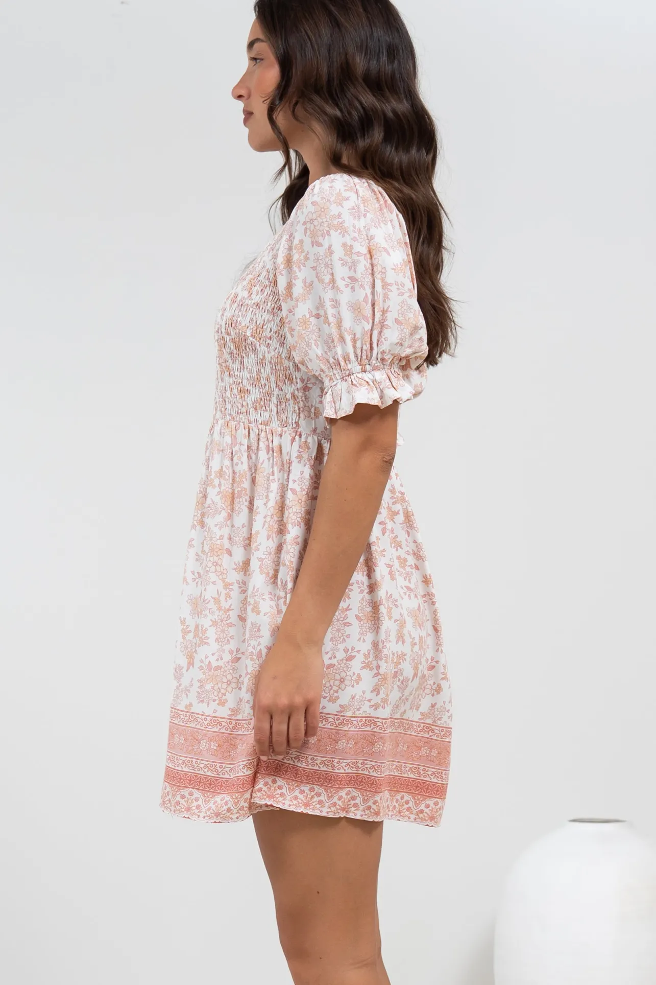 Brissa Mini Dress - V-Neck Shirred Bodice Balloon Sleeve Dress in Narelle Print>Salty Crush Sale