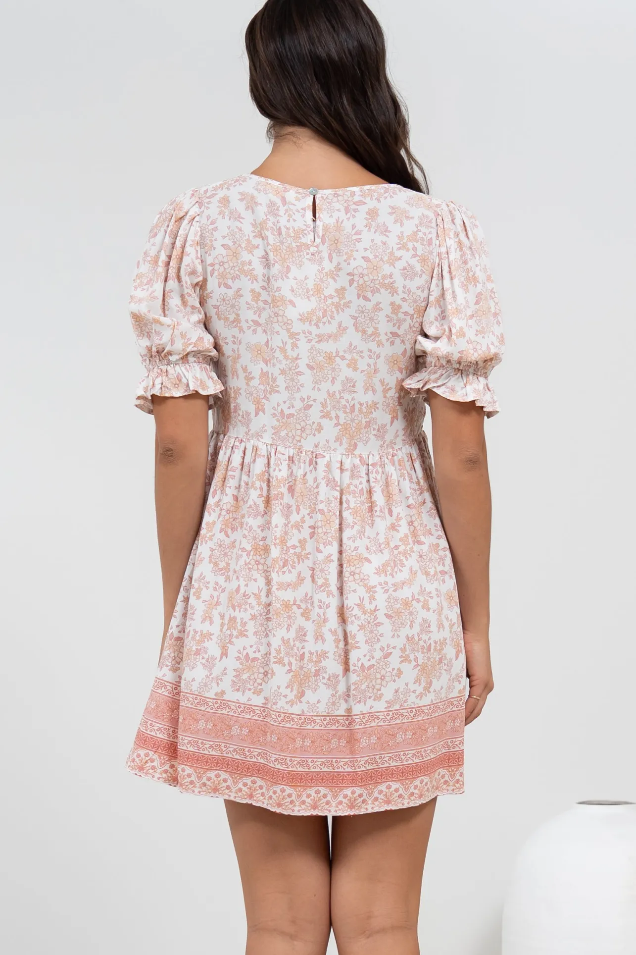 Brissa Mini Dress - V-Neck Shirred Bodice Balloon Sleeve Dress in Narelle Print>Salty Crush Sale