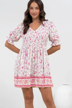Brissa Mini Dress - V-Neck Shirred Bodice Balloon Sleeve Dress in Scarlette Print>Salty Crush Hot