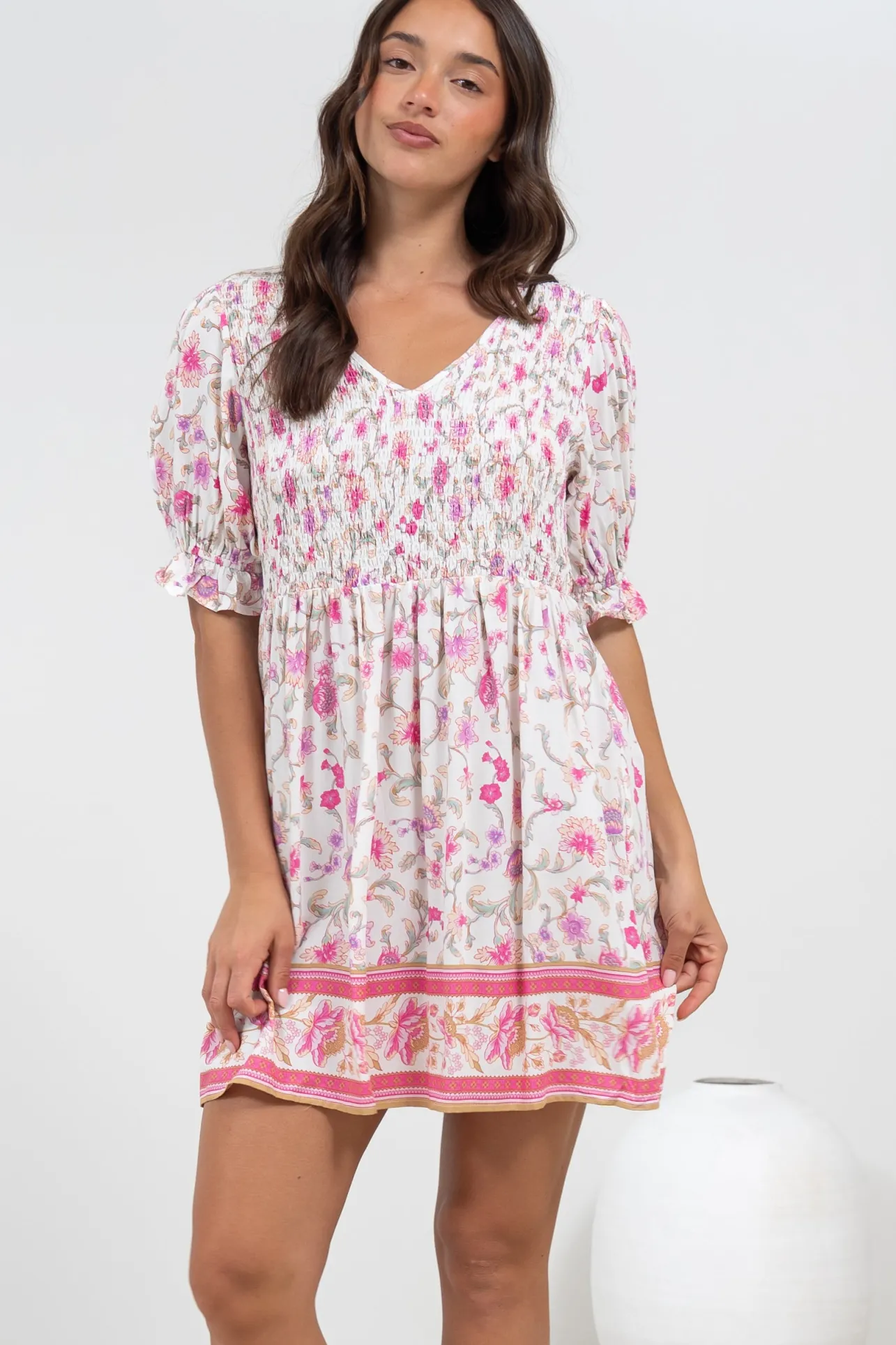 Brissa Mini Dress - V-Neck Shirred Bodice Balloon Sleeve Dress in Scarlette Print>Salty Crush Hot