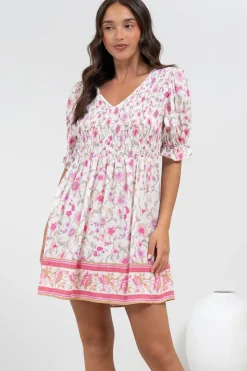 Brissa Mini Dress - V-Neck Shirred Bodice Balloon Sleeve Dress in Scarlette Print><noscript><img width=