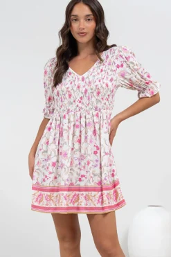 Brissa Mini Dress - V-Neck Shirred Bodice Balloon Sleeve Dress in Scarlette Print><noscript><img width=