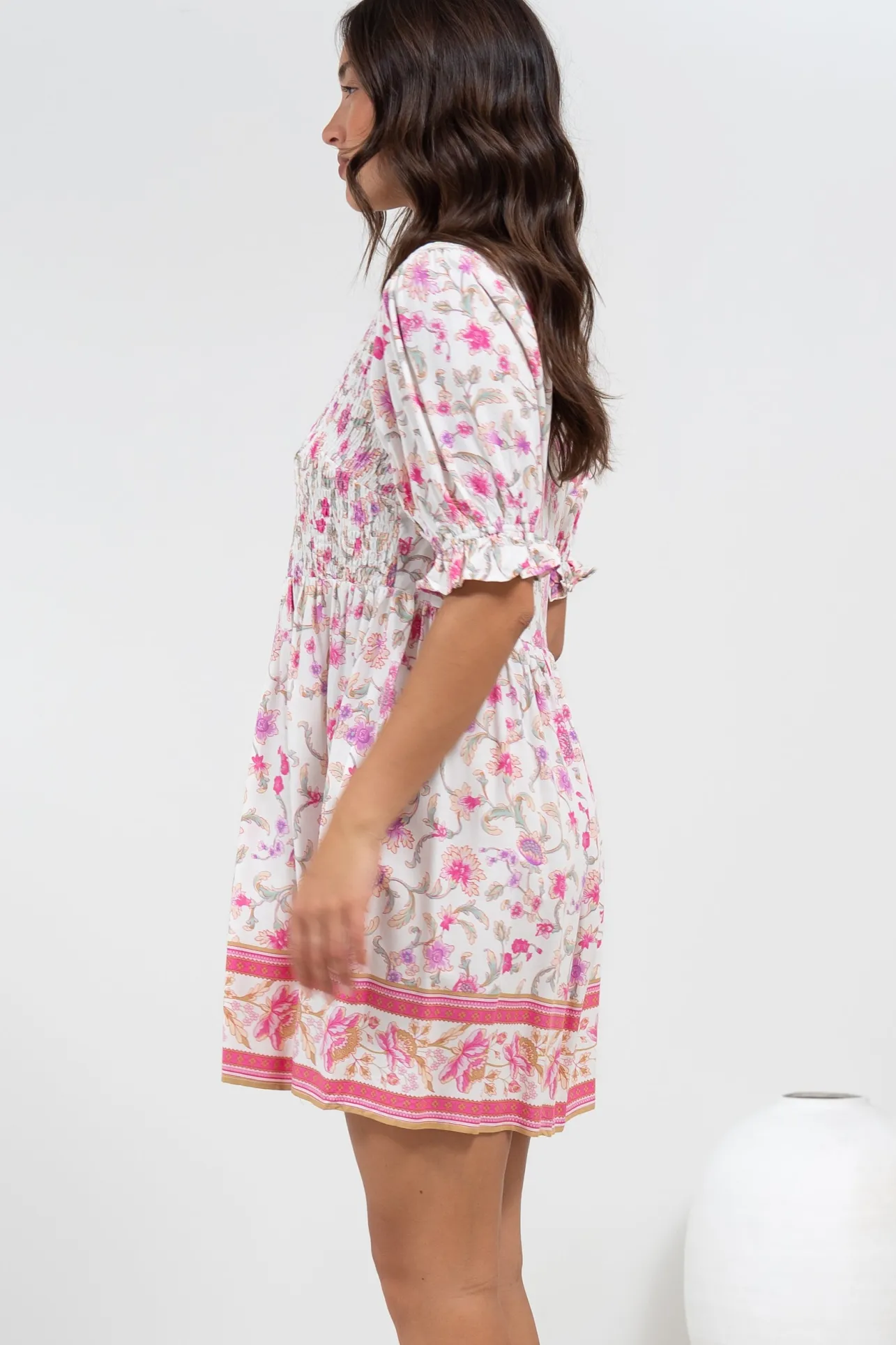 Brissa Mini Dress - V-Neck Shirred Bodice Balloon Sleeve Dress in Scarlette Print>Salty Crush Hot