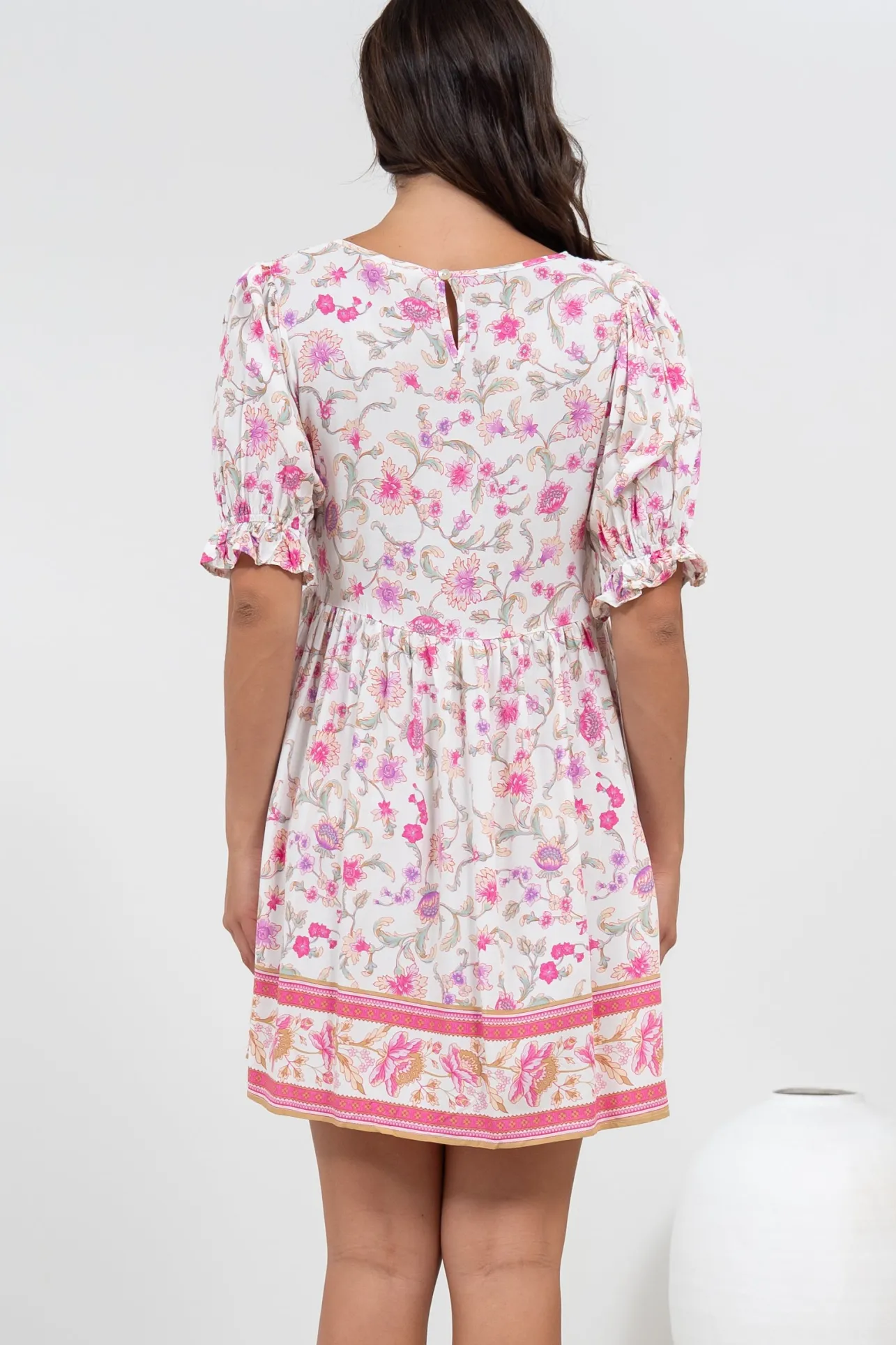 Brissa Mini Dress - V-Neck Shirred Bodice Balloon Sleeve Dress in Scarlette Print>Salty Crush Hot