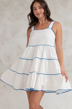 Bronte Mini Dress - Scallop Trim Tiered Sun Dress in White>Salty Crush Clearance