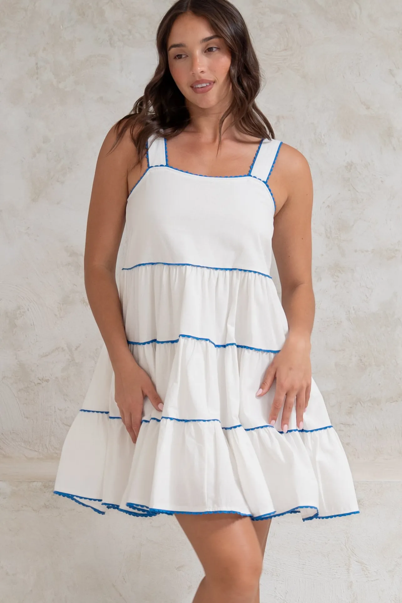 Bronte Mini Dress - Scallop Trim Tiered Sun Dress in White>Salty Crush Clearance