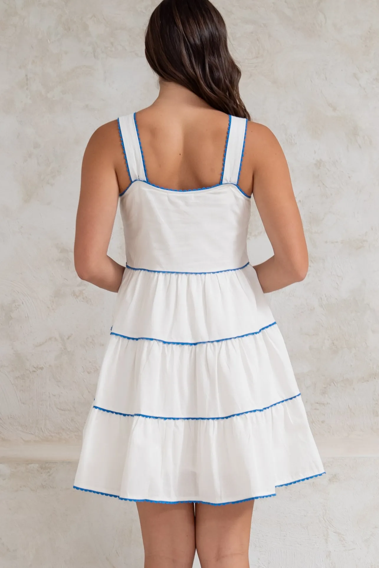 Bronte Mini Dress - Scallop Trim Tiered Sun Dress in White>Salty Crush Clearance