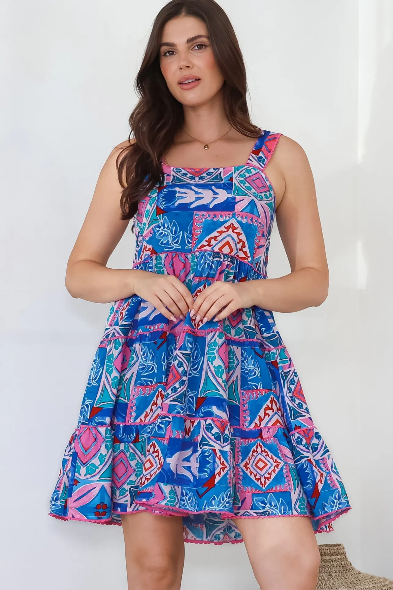 Bronte Mini Dress - Scallop Trim Tiered Sun Dress in Nelly Print>Salty Crush Hot