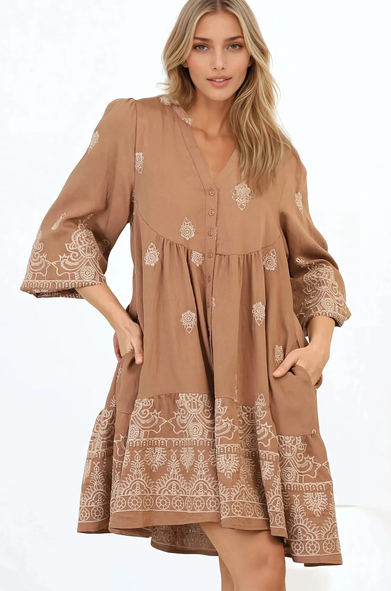 Brooke Mini Dress - Mandarin Collar Embroidered Button Down Dress with Pockets in Tan>Salty Crush New