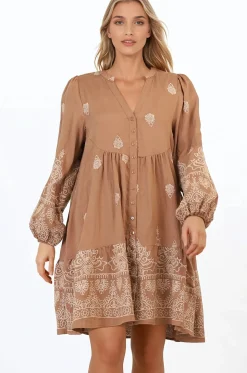 Brooke Mini Dress - Mandarin Collar Embroidered Button Down Dress with Pockets in Tan><noscript><img width=