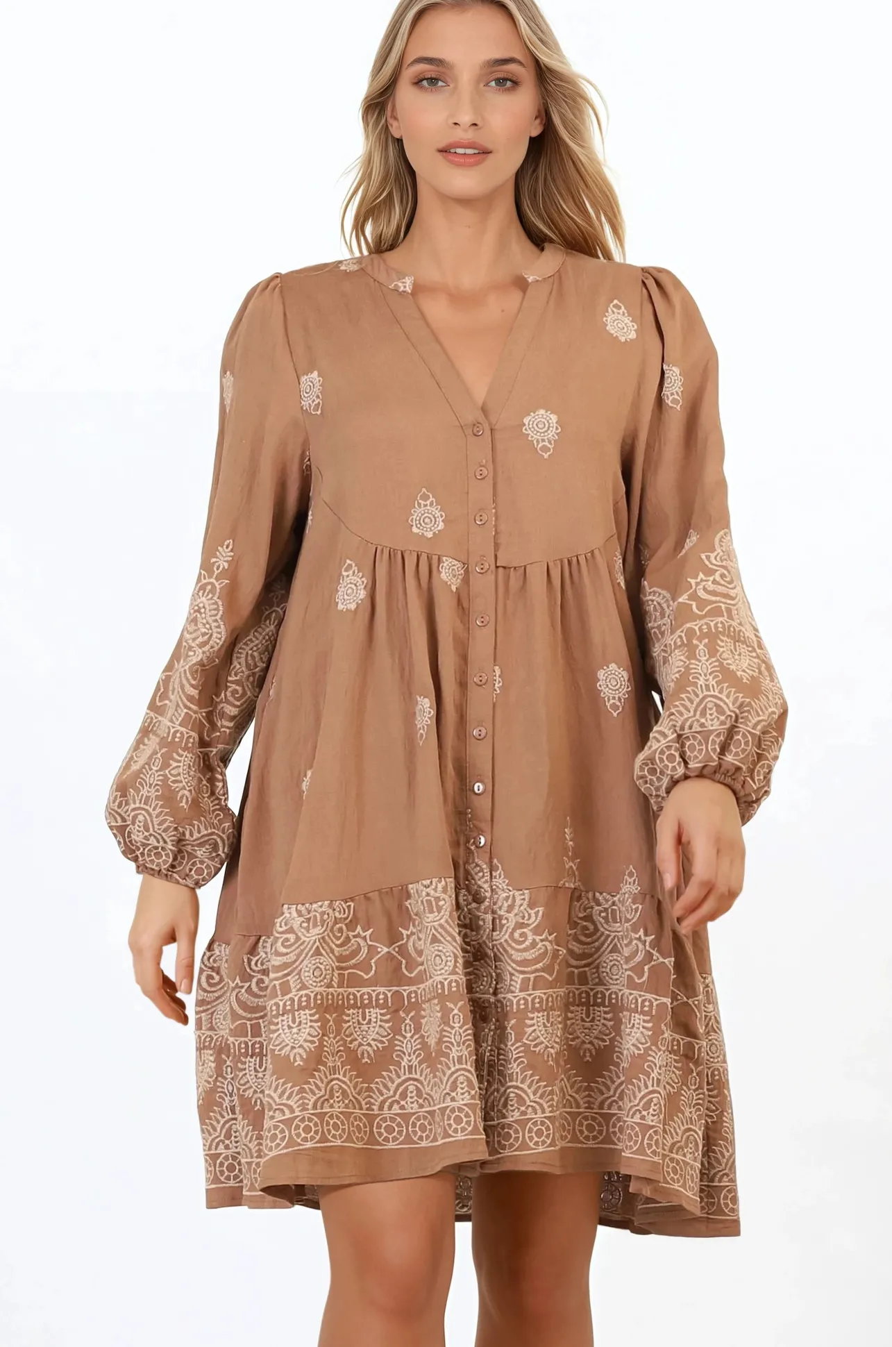 Brooke Mini Dress - Mandarin Collar Embroidered Button Down Dress with Pockets in Tan>Salty Crush New