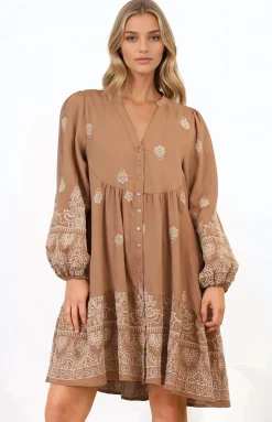 Brooke Mini Dress - Mandarin Collar Embroidered Button Down Dress with Pockets in Tan><noscript><img width=