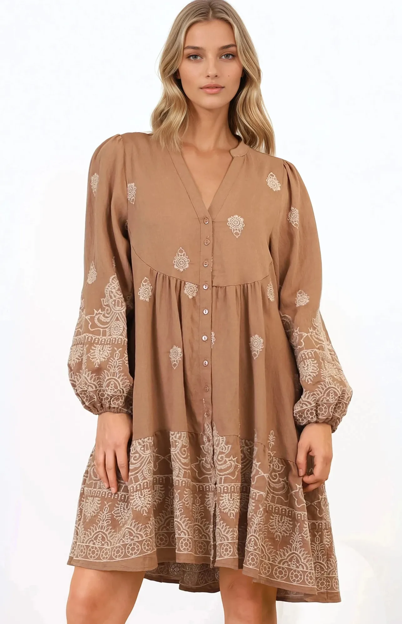 Brooke Mini Dress - Mandarin Collar Embroidered Button Down Dress with Pockets in Tan>Salty Crush New