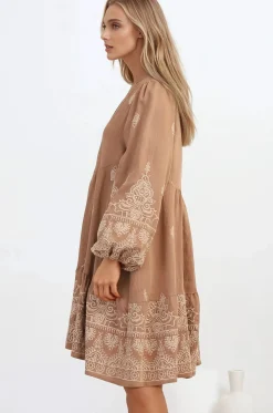Brooke Mini Dress - Mandarin Collar Embroidered Button Down Dress with Pockets in Tan><noscript><img width=