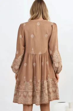 Brooke Mini Dress - Mandarin Collar Embroidered Button Down Dress with Pockets in Tan><noscript><img width=
