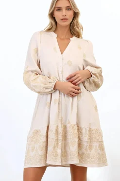 Brooke Mini Dress - Mandarin Collar Embroidered Button Down Dress with Pockets in Beige><noscript><img width=