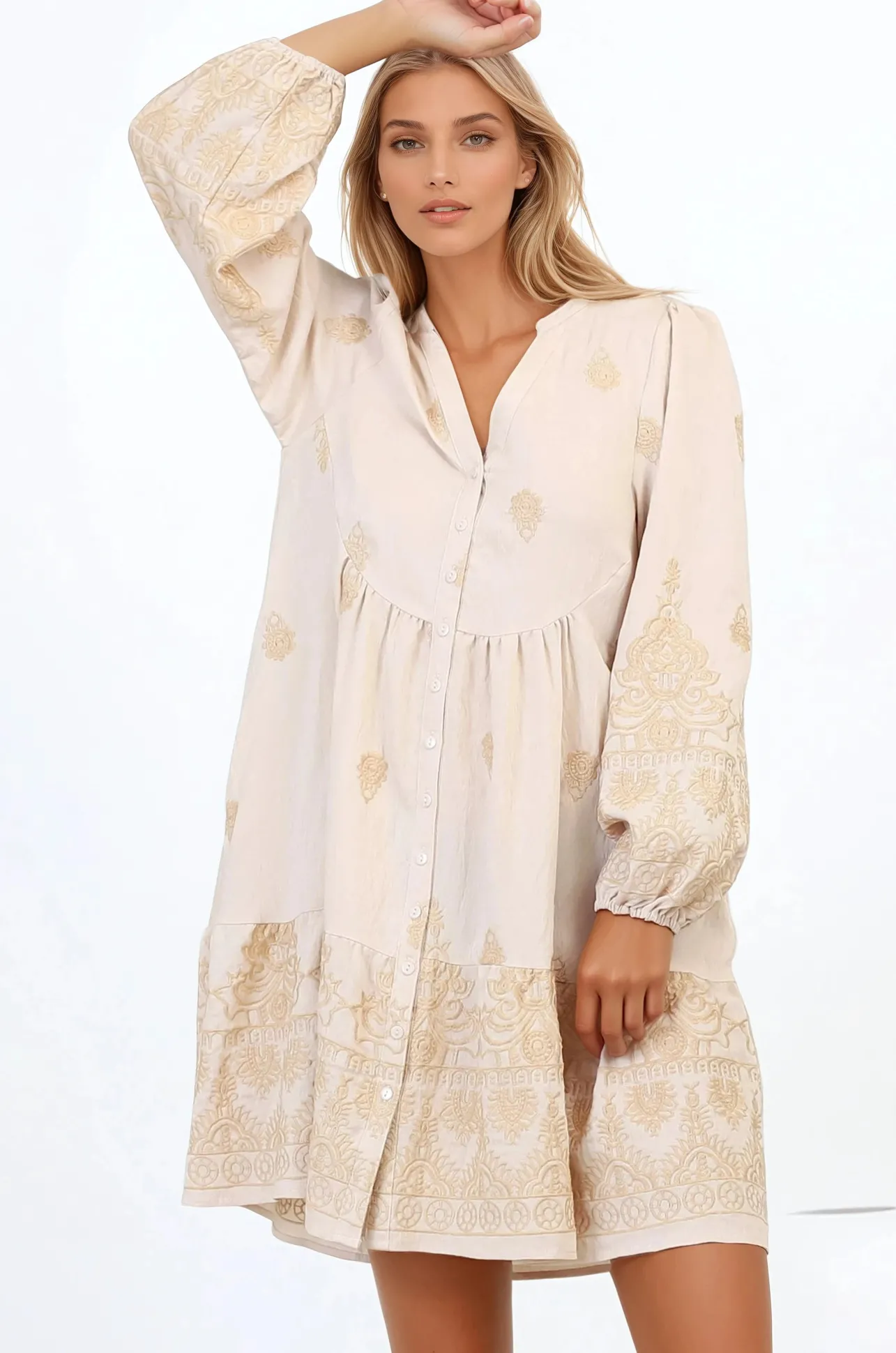 Brooke Mini Dress - Mandarin Collar Embroidered Button Down Dress with Pockets in Beige>Salty Crush New