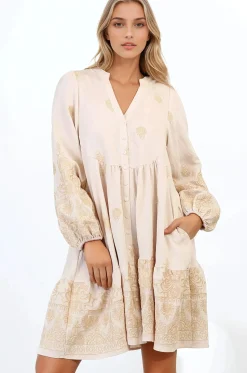 Brooke Mini Dress - Mandarin Collar Embroidered Button Down Dress with Pockets in Beige><noscript><img width=