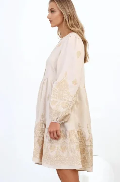 Brooke Mini Dress - Mandarin Collar Embroidered Button Down Dress with Pockets in Beige><noscript><img width=