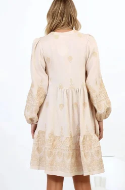 Brooke Mini Dress - Mandarin Collar Embroidered Button Down Dress with Pockets in Beige><noscript><img width=
