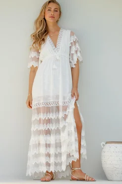 Bungalow Maxi Dress - Embroidered Lace Deep V Neck Dress with Open Batwing Sleeves in White>Jaase New