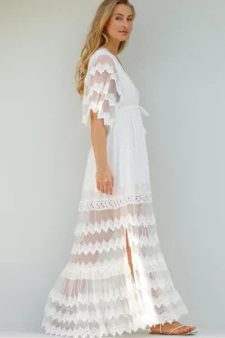 Bungalow Maxi Dress - Embroidered Lace Deep V Neck Dress with Open Batwing Sleeves in White><noscript><img width=
