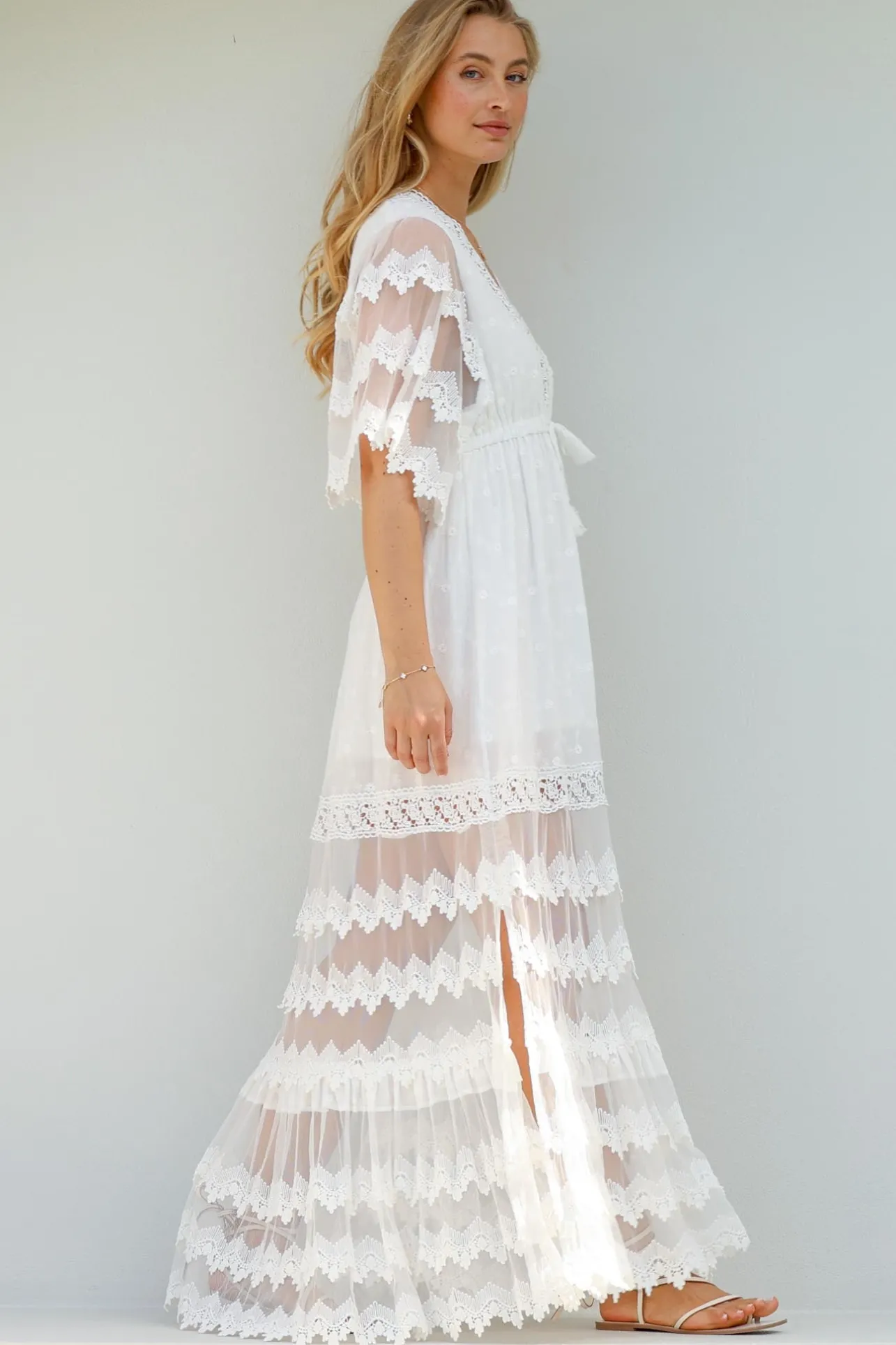 Bungalow Maxi Dress - Embroidered Lace Deep V Neck Dress with Open Batwing Sleeves in White>Jaase New