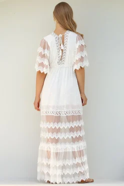 Bungalow Maxi Dress - Embroidered Lace Deep V Neck Dress with Open Batwing Sleeves in White><noscript><img width=