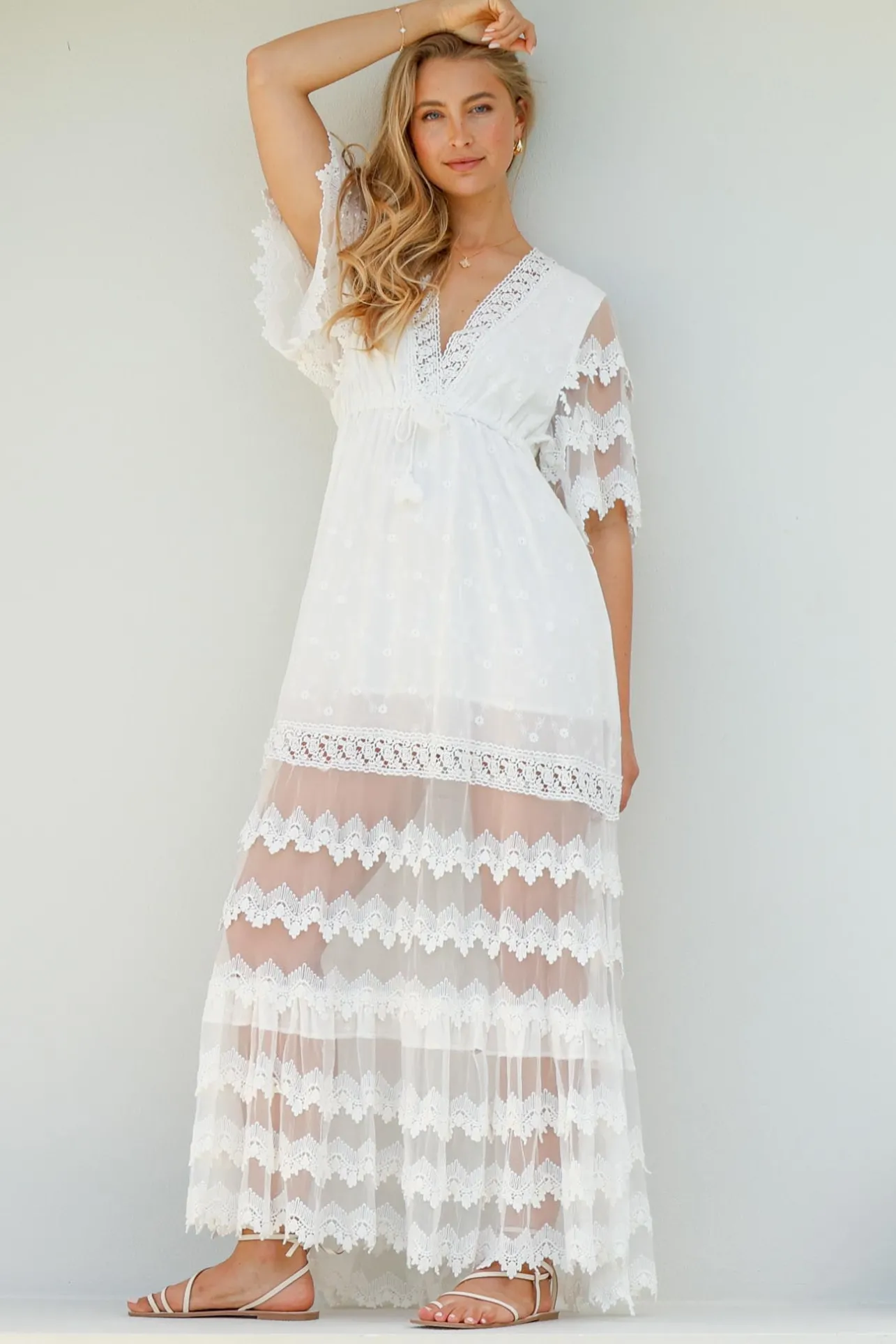 Bungalow Maxi Dress - Embroidered Lace Deep V Neck Dress with Open Batwing Sleeves in White>Jaase New