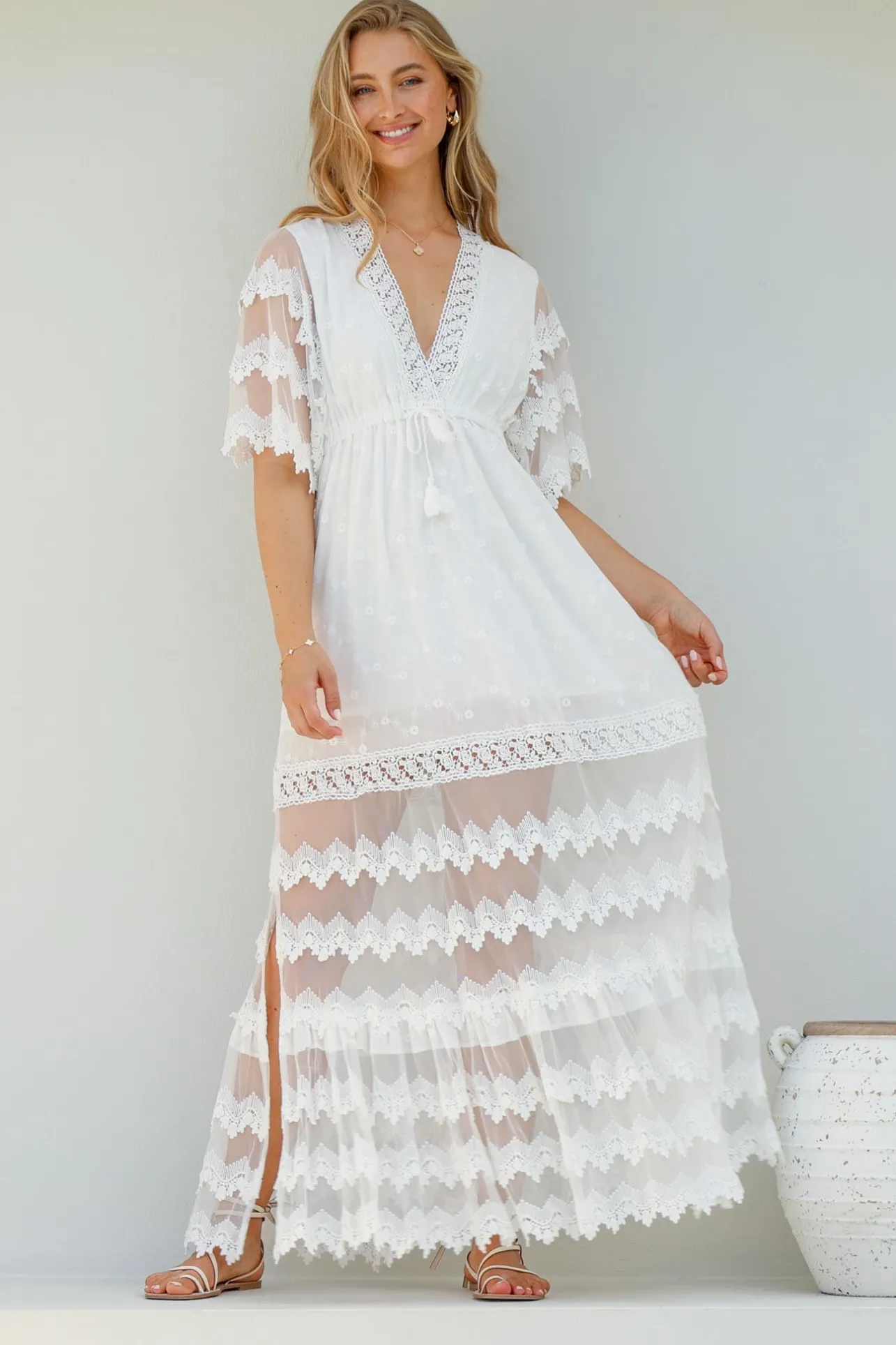 Bungalow Maxi Dress - Embroidered Lace Deep V Neck Dress with Open Batwing Sleeves in White>Jaase New