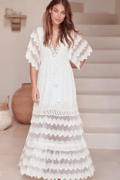 Bungalow Maxi Dress - Embroidered Lace Deep V Neck Dress with Open Batwing Sleeves in White><noscript><img width=