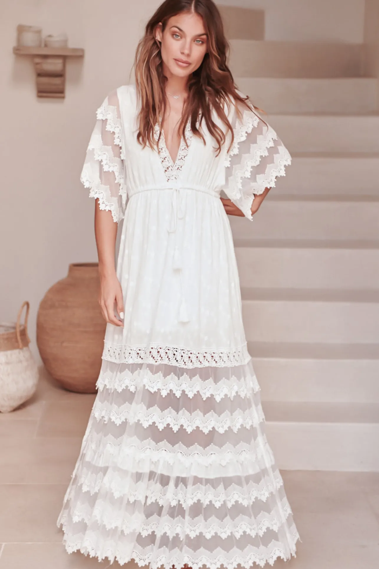 Bungalow Maxi Dress - Embroidered Lace Deep V Neck Dress with Open Batwing Sleeves in White>Jaase New