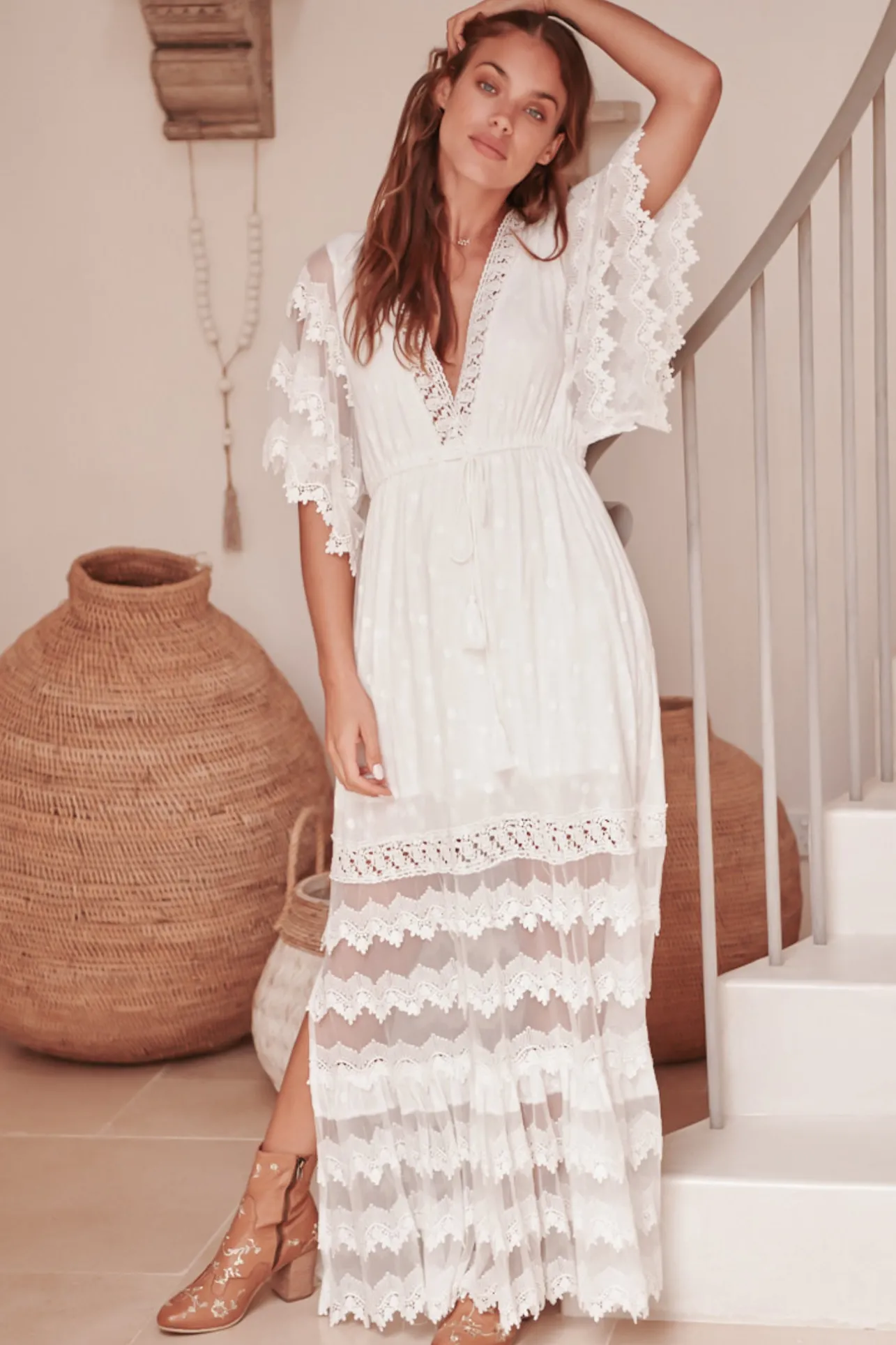 Bungalow Maxi Dress - Embroidered Lace Deep V Neck Dress with Open Batwing Sleeves in White>Jaase New