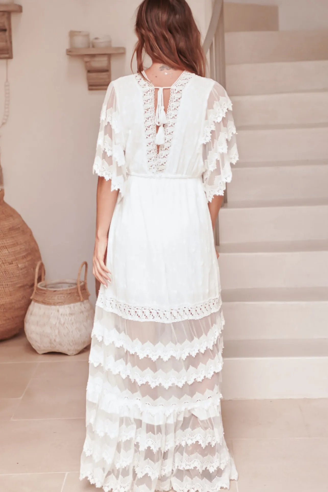 Bungalow Maxi Dress - Embroidered Lace Deep V Neck Dress with Open Batwing Sleeves in White>Jaase New
