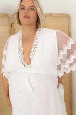Bungalow Maxi Dress - Embroidered Lace Deep V Neck Dress with Open Batwing Sleeves in White><noscript><img width=