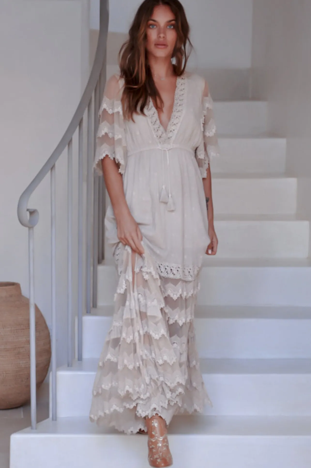 Bungalow Maxi Dress - Embroidered Lace Deep V Neck Dress with Open Batwing Sleeves in Sand>Jaase Discount